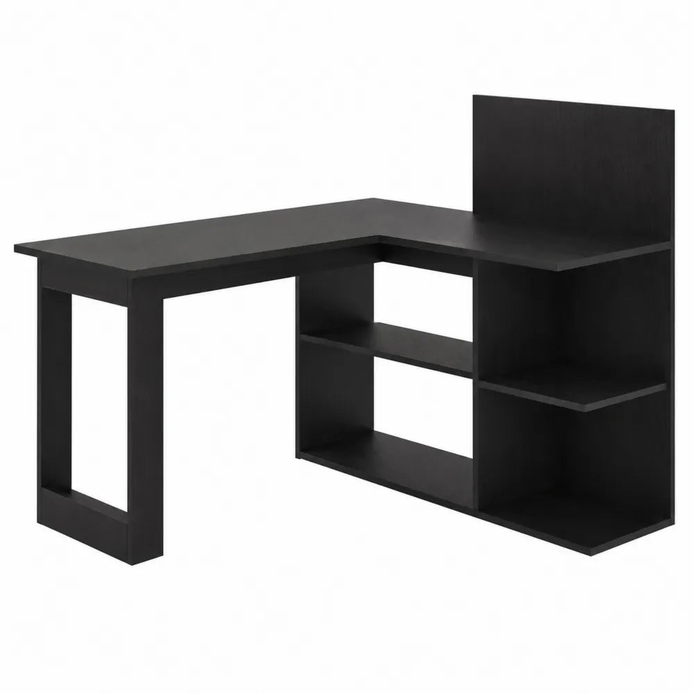 Scrivania angolare nera in legno MDF con ripiani