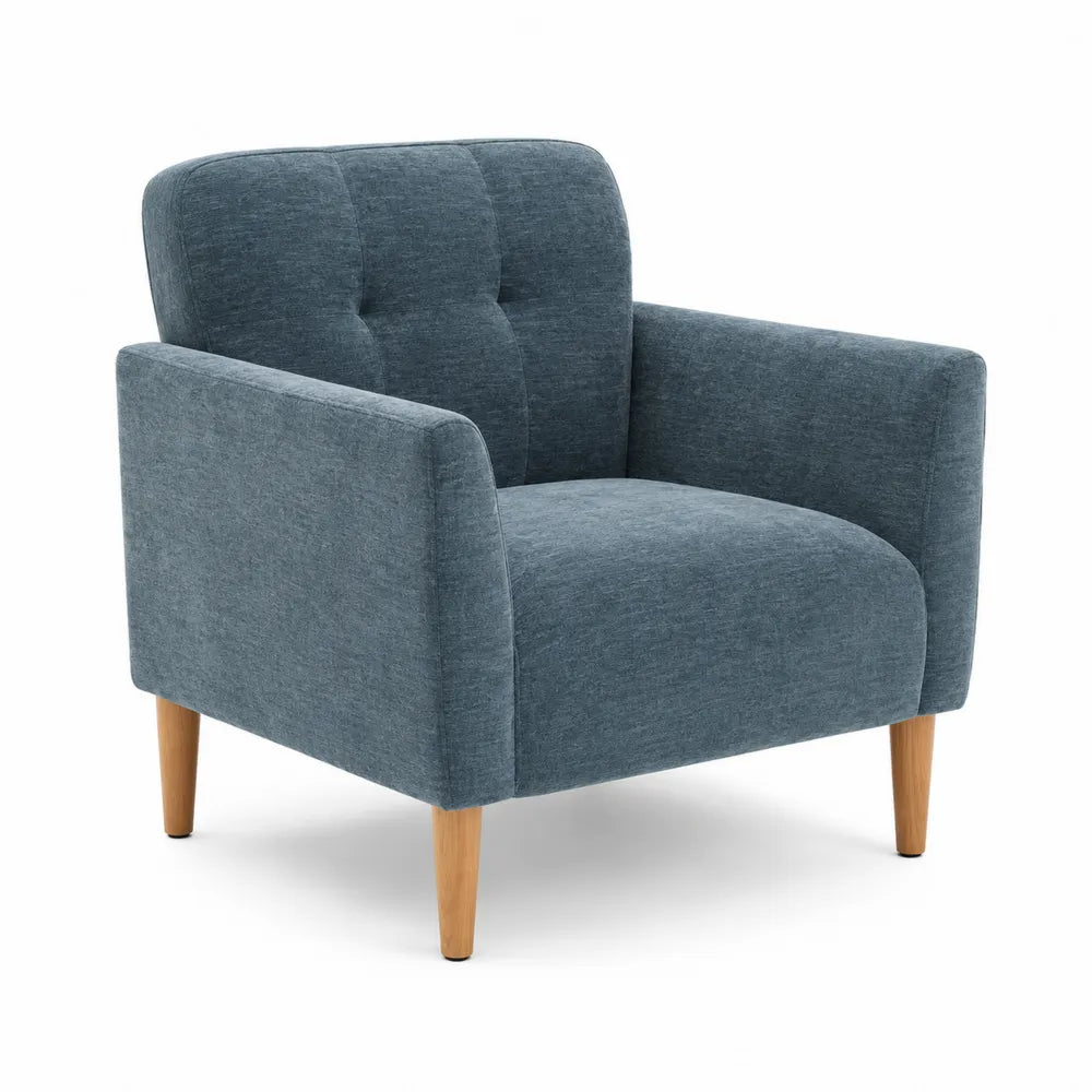 Poltrona in tessuto blu con gambe in legno