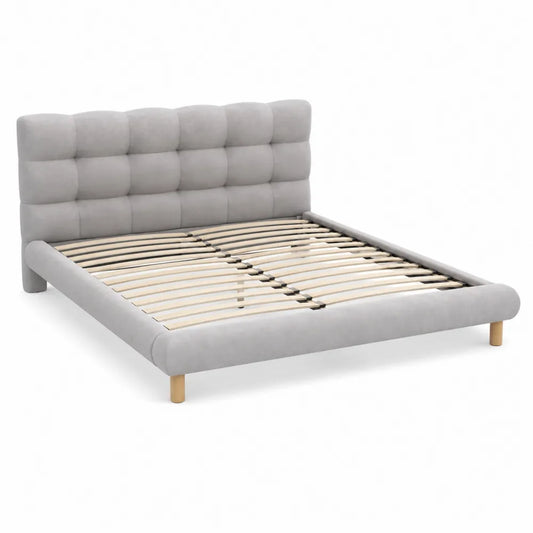 Letto matrimoniale grigio in legno e tessuto