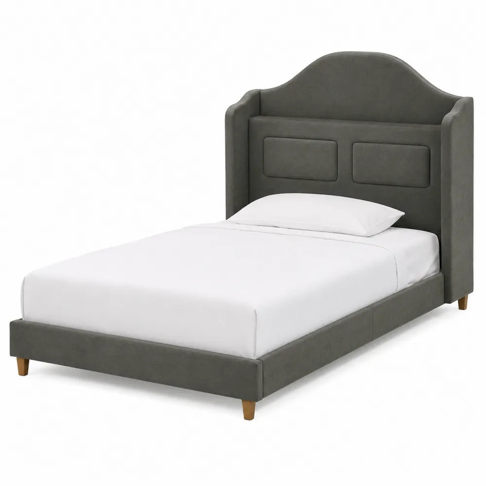 Letto singolo in tessuto poliestere grigio con testiera imbottita