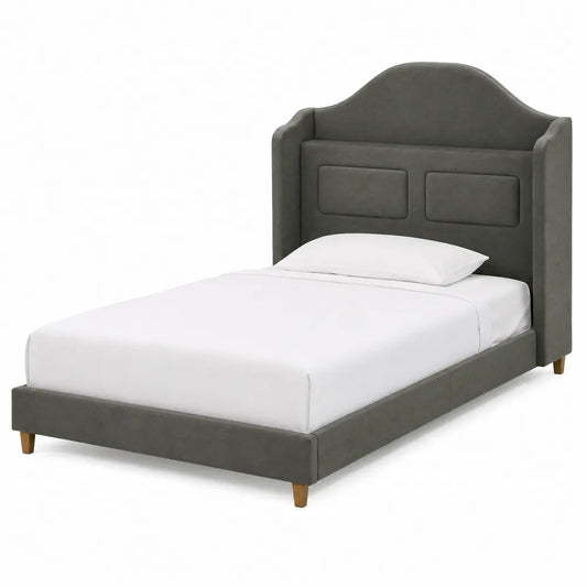 Letto singolo in tessuto poliestere grigio con testiera imbottita