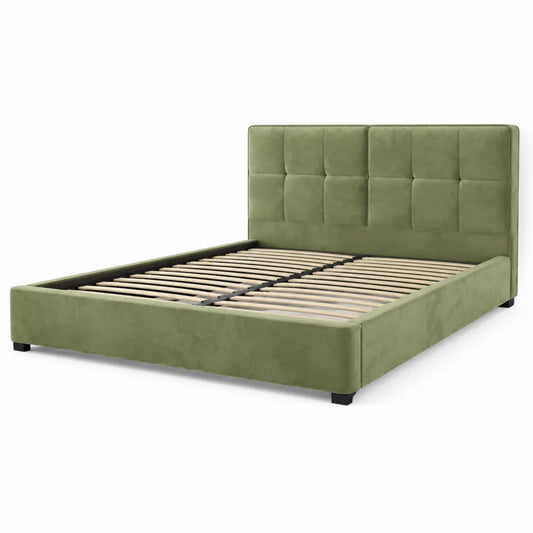 Letto matrimoniale in velluto verde con testiera trapuntata 200x160 cm