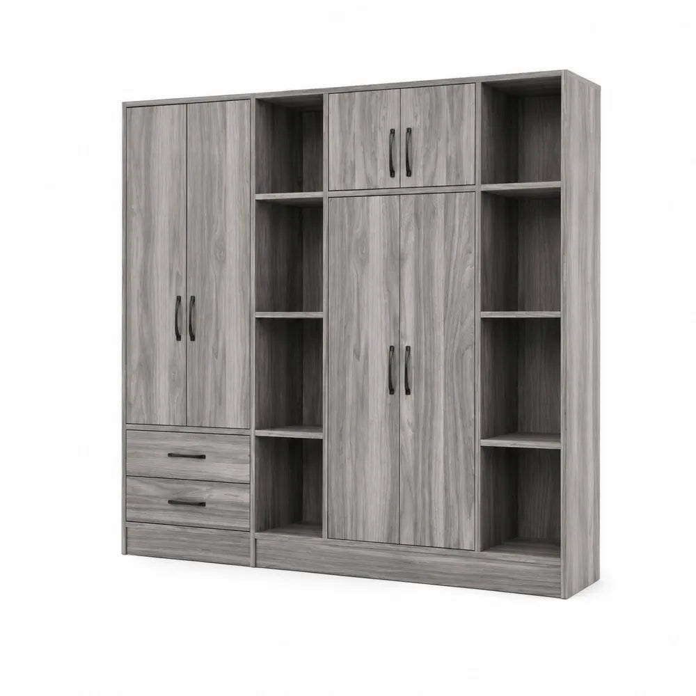 Armadio guardaroba a quattro ante e due cassetti in legno MDF grigio