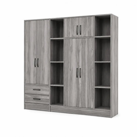 Armadio guardaroba a quattro ante e due cassetti in legno MDF grigio
