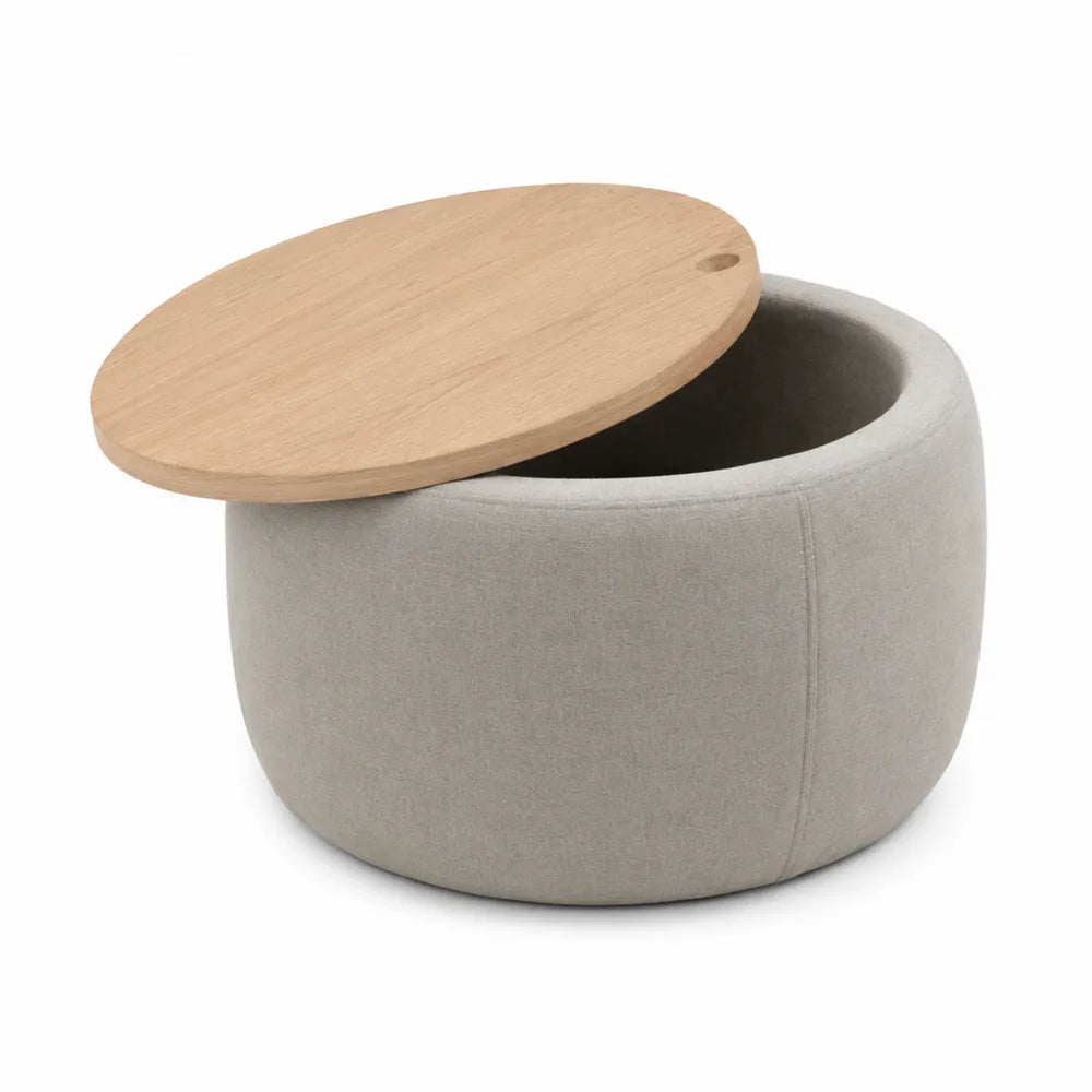 Pouf Rotondo in Tessuto con Coperchio in Legno di Quercia