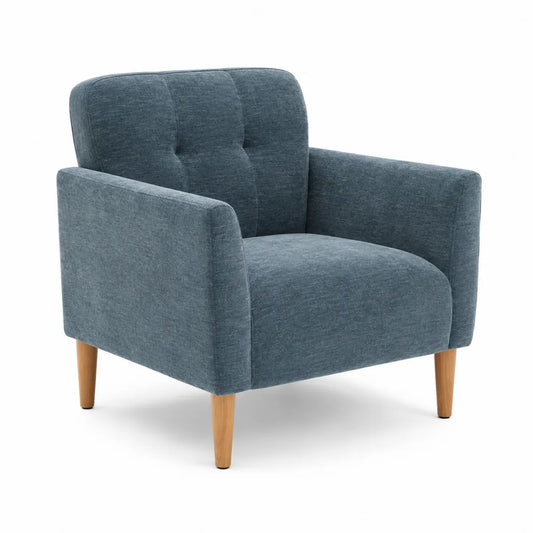 Poltrona in tessuto blu con gambe in legno