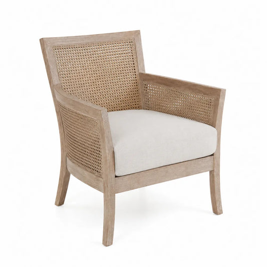 Poltrona in Legno di Quercia e Rattan con Seduta in Tessuto Beige